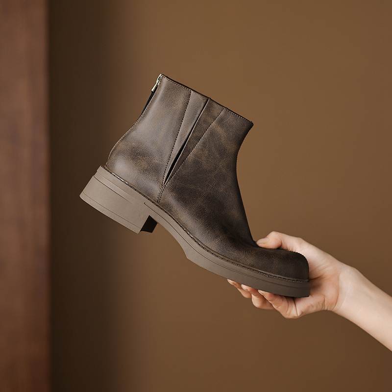 Krazing Pot Cow Skin Round Toe Thick Heels Motorcycle Boots Size 42 Back Zip Women Keep Warm Ankle Boots