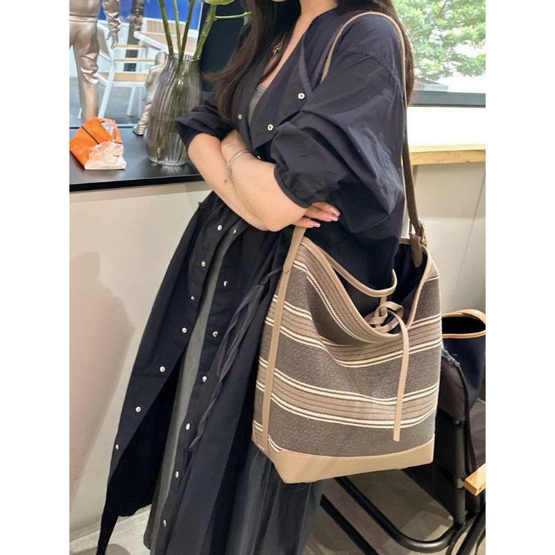 New leather cowhide with canvas bucket bag vegetable basket tote bag shoulder crossbody handbag women's bag