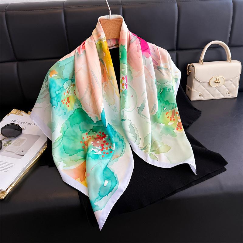 National Style Ink Flower Simulation Silk High-end Large Square Scarf Silk Scarf Printed Shawl Scarf Sunscreen Scarf Head Scarf Scarf
