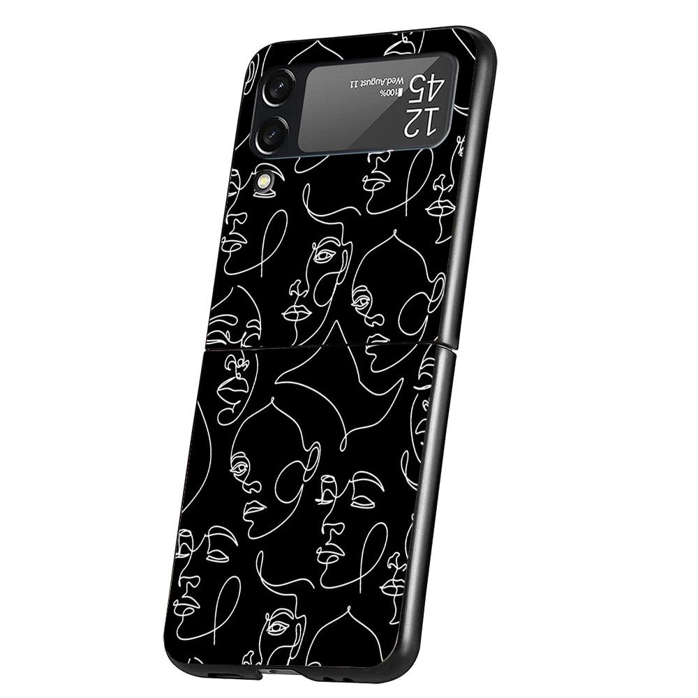 Abstract Line Women Face Case Phone Cover for Samsung Galaxy Z Flip 6 5 4 3 5G ZFlip6 ZFlip5 ZFlip4 ZFlip3 Black Hard Trend Fund