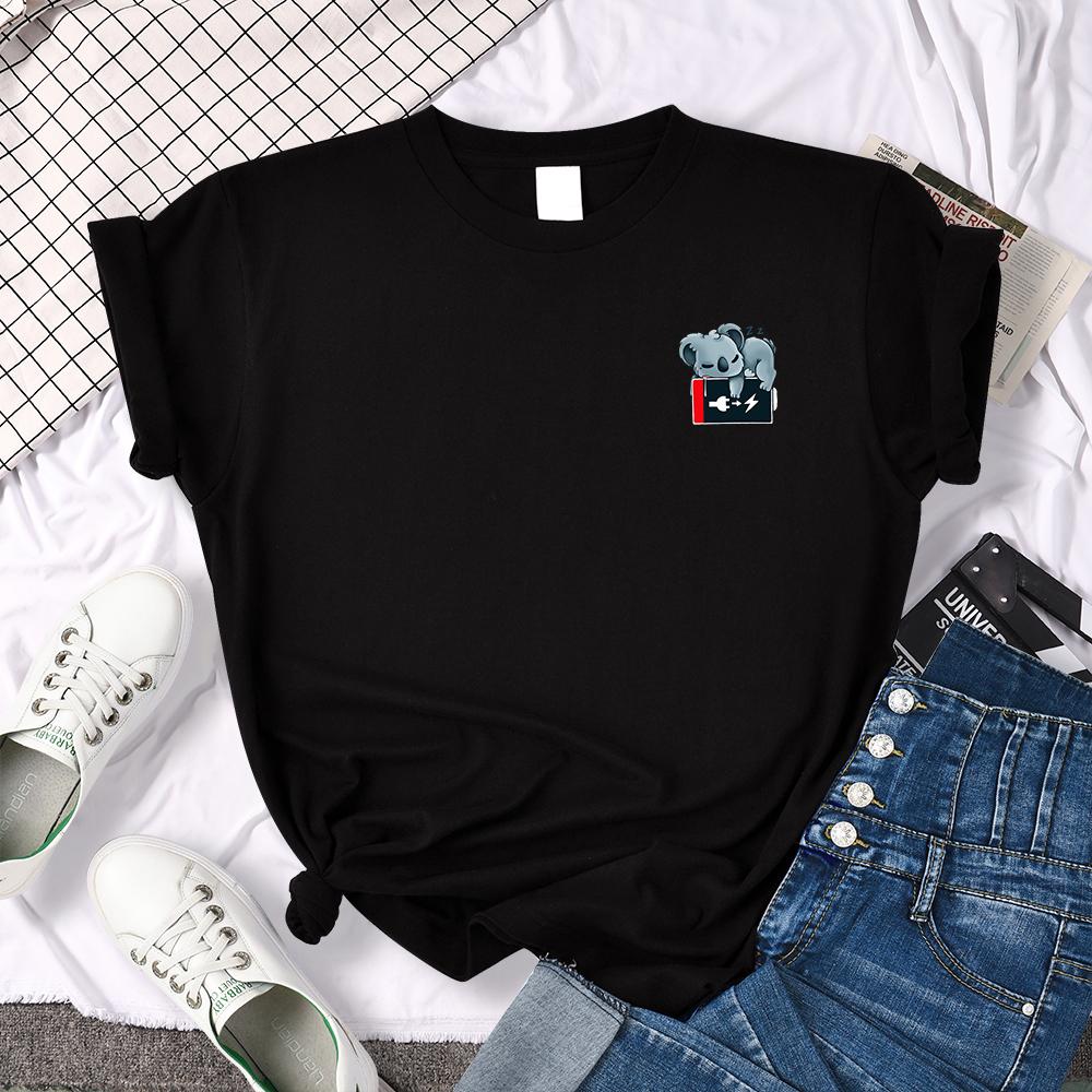 Koala Sleeping On The Battery Prints Woman T Shirts Manga Casual T Shirts Fashion Crewneck Streetwear Sports Cool Women T Shirt