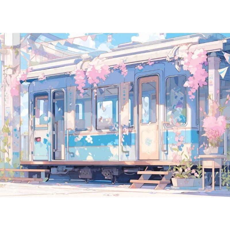 Estetismus Anime Scény Plakáty Vlak Sakura Tramvaj Výhled na oceán Tisky Plátno Tisk Nástěnné Krajinářské Umění Obrázek pro Domácí Dekoraci