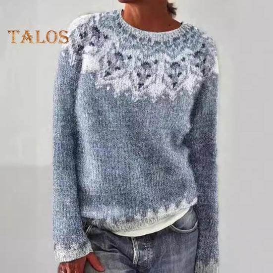 Pullover für Damen, Rundhalsausschnitt, Langarm, Patchwork, farbige Strickoberteile, lockere Passform, elastische, warme Strickwaren für den Alltag