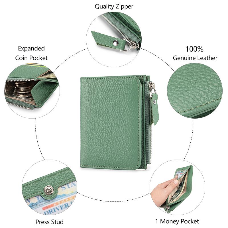 Portfel damski ze skóry naturalnej, krótki, wąski, blokujący, składany na pół, z uchwytem na karty kredytowe, z klipsem na pieniądze i kieszenią na monety