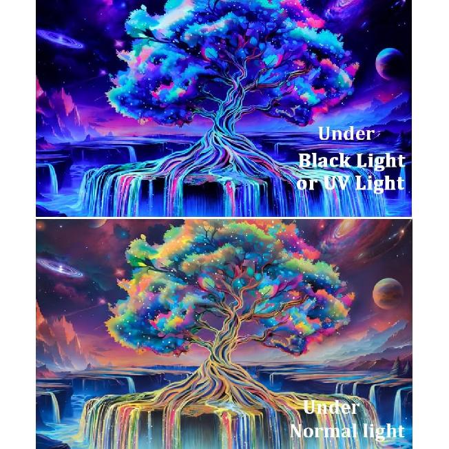 Obsecolors Blacklight Tree of Life Tapestry UV Reactive Waterfall Tapestry Galaxy Space Aesthetic Tree Wall Tapestries Colorful Starry Sky Tapestries