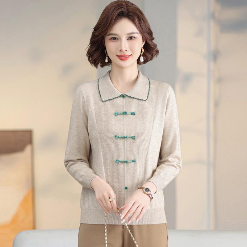 Mom's autumn lapel-neck knitted sweater medium-aged girl's spring and autumn long-sleeved sweater bottoming shirt top