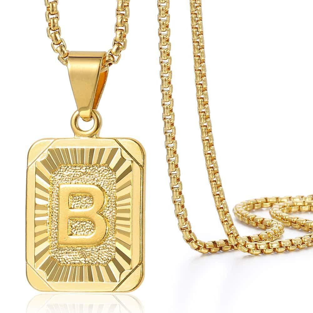 European Retro 18K Stainless Steel Unisex Pendant Necklace with Pearl and 26 English Letters Square Plate