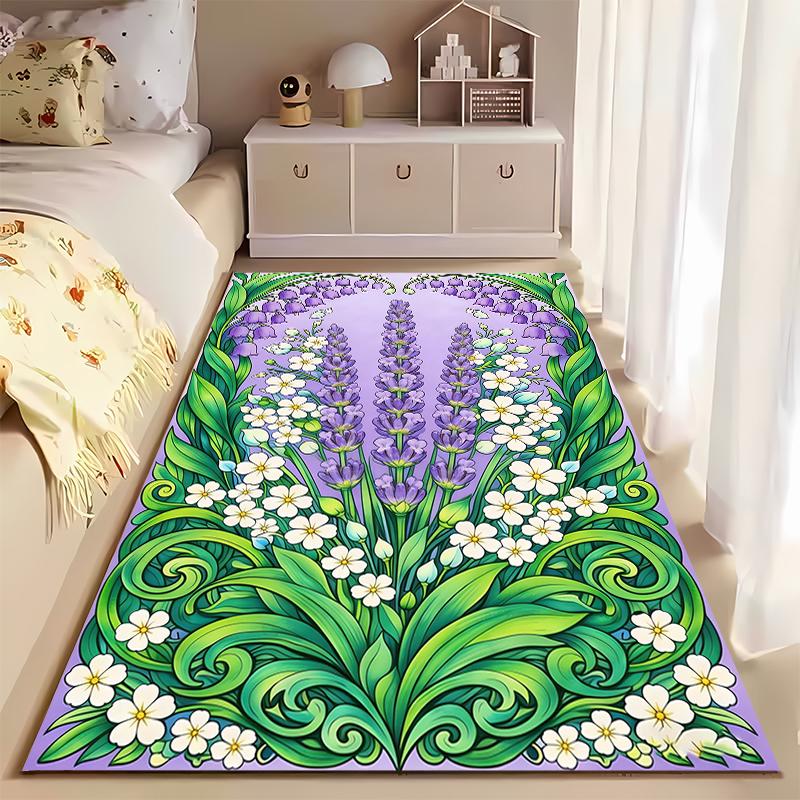 Lavender and Daisy Floral Carpet with Green Leaves, Purple Design Suitable for Use As an Anti-slip for Living Room Bedroom Sofas
