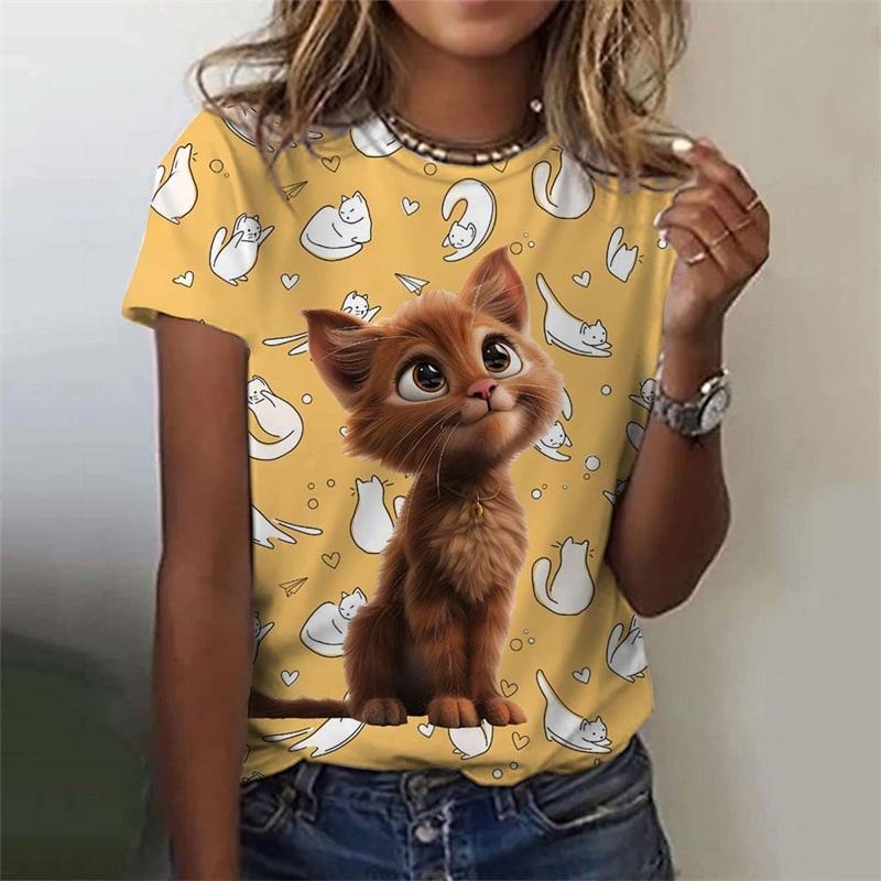 Women's T-shirt with Cute Cat Pattern 3D Printed for Girls, Summer Casual and Fashionable Women's Short Sleeved Oversized T-shirt