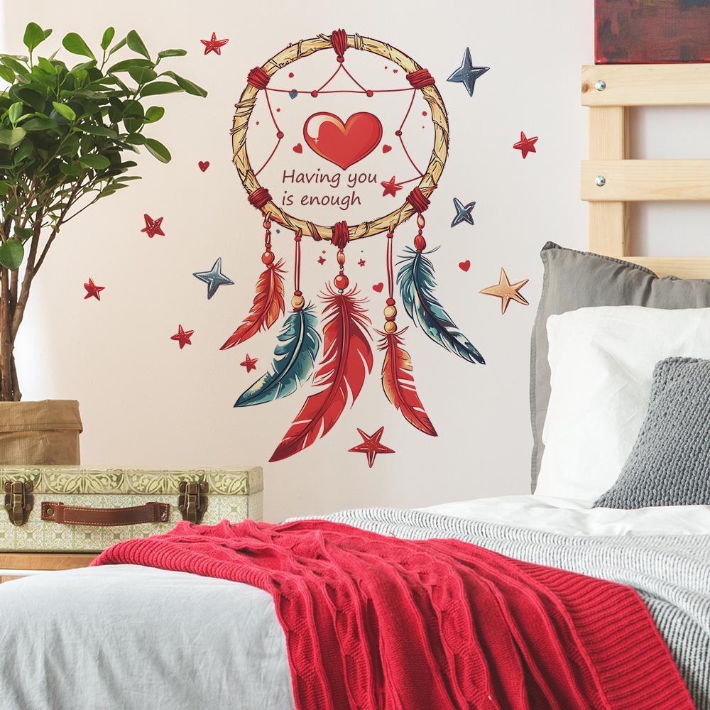 Bohemian Dreamcatcher with Colorful Feathers and Stars Wall Stickers, Whimsical Wall Art for Bedroom, Living Room and Hallway Home Decor