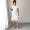 Women Summer Short Sleeve Embroidery O Neck Solid Color Ruffles One Piece Dress