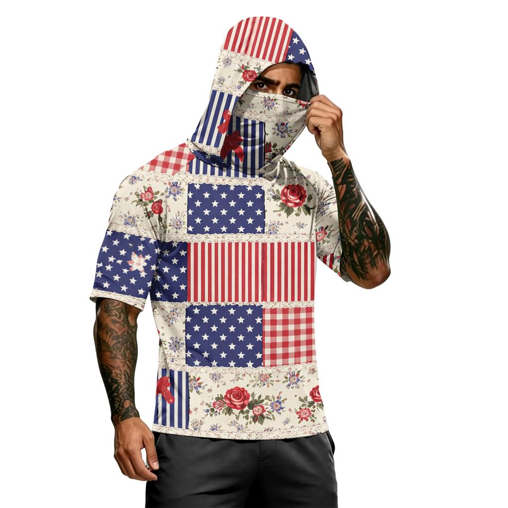 Men's Summer Independence Day Color Block Quick Dry Short Sleeve Tee, UPF 0+ UV Block Fishing & Sports Sun Hoodie