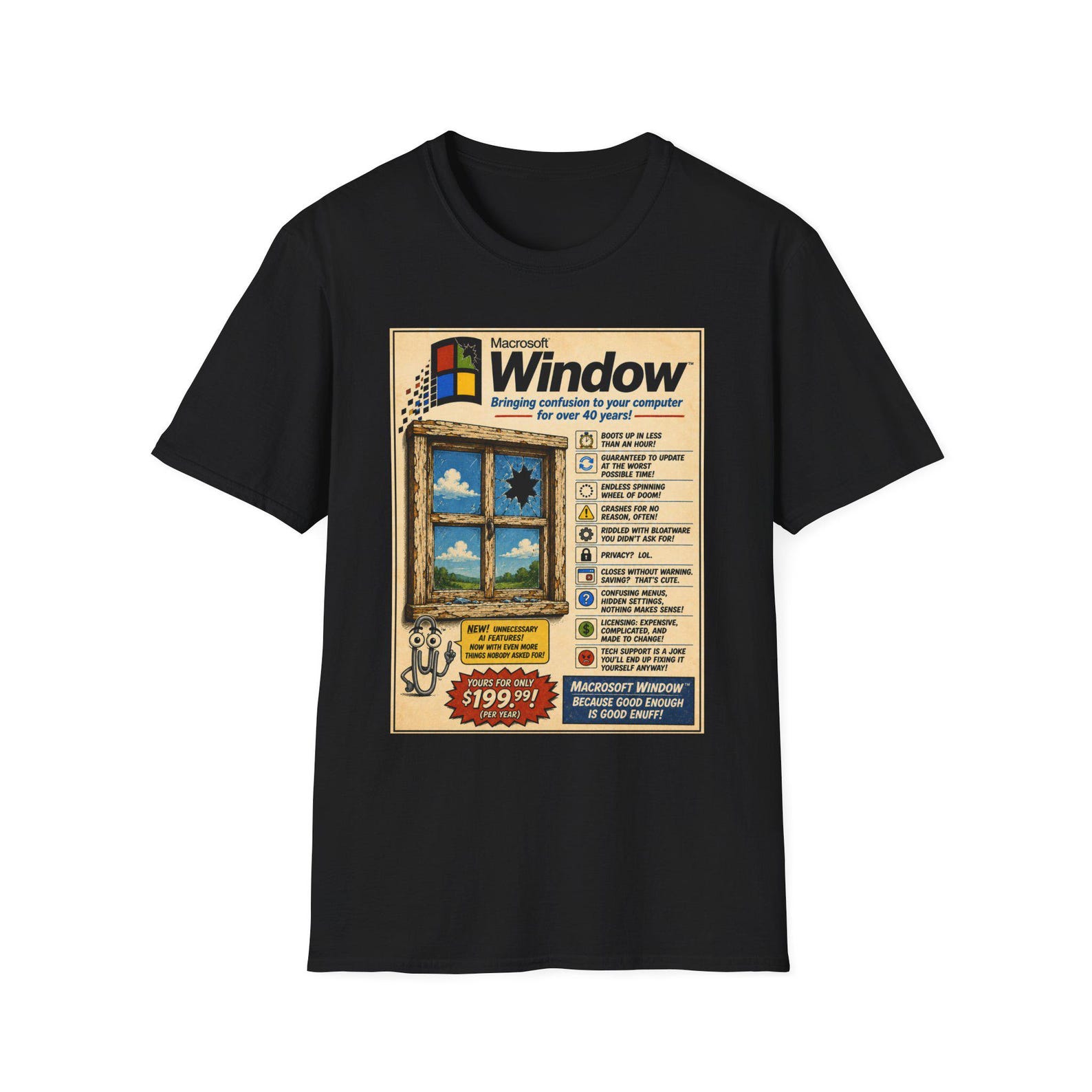 Retro Macrosoft Window parody T-Shirt | Vintage Tech Satire 3XL