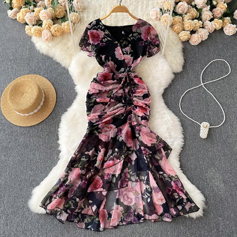 Chic Drawstring Bodycon Short Sleeve Vneck Dress Wrap Dresse Fashion Vestidos Women Vintage Spring and Autumn Trumpet Dress