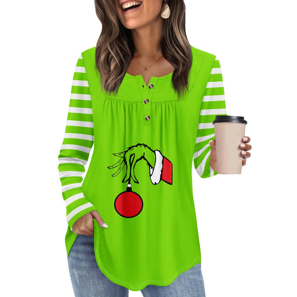 Dámská tunika s dlouhým rukávem Volné topy Ležérní oversized topy Plisovaná tunika Zapínání na knoflíky Ležérní dámské topy s potiskem