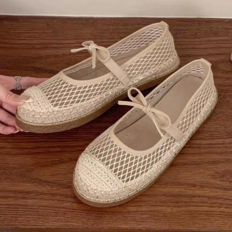 Fashion Fashion Mesh Breathable Flat Sandal Women Comfort Round Toe Shallow Casual Shoe Cute Butterfly-knot Low Heel Pumps Zapatos Mujer