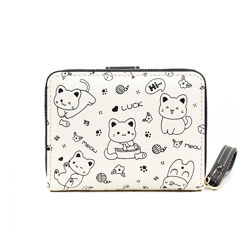 Casual Bi-Fold Kawaii Cat Wallet - Chic Credit Card & Coin Clutch With Secure Buckle Polyester Lining And Convenient Lanyard