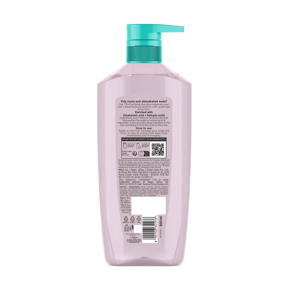 L’Oréal Paris Hyaluron Pure 72H Purifying Shampoo | For Oily Scalp & Dry Hair with Salicylic and Hyaluronic Acid | 800 Ml