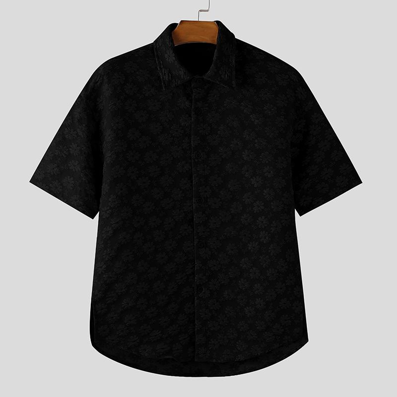 

INCERUN Oversized Men Lapel Neck Texture Flowers Casual Shirts L чорний