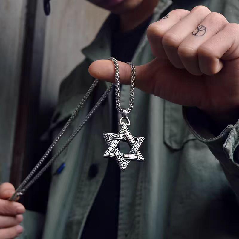 Double-sided Hexagram Pendant Male Necklace Student Couple Pendant Personalized Titanium Steel Pendant Sweater Chain Female
