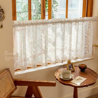 Sweet Style White Lace Window Edge Short Curtain, Pole Bag Style, Transparent Short Curtain French Style Cotton Light-transmitting Fabric Rodless