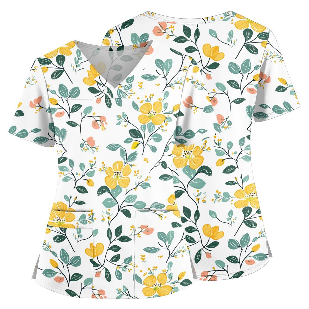 Floral Print V Neck Medical Scrub Top with Pockets Side Slits Short Sleeve Nurse Uniform Shirt for Women Comfortable Fit