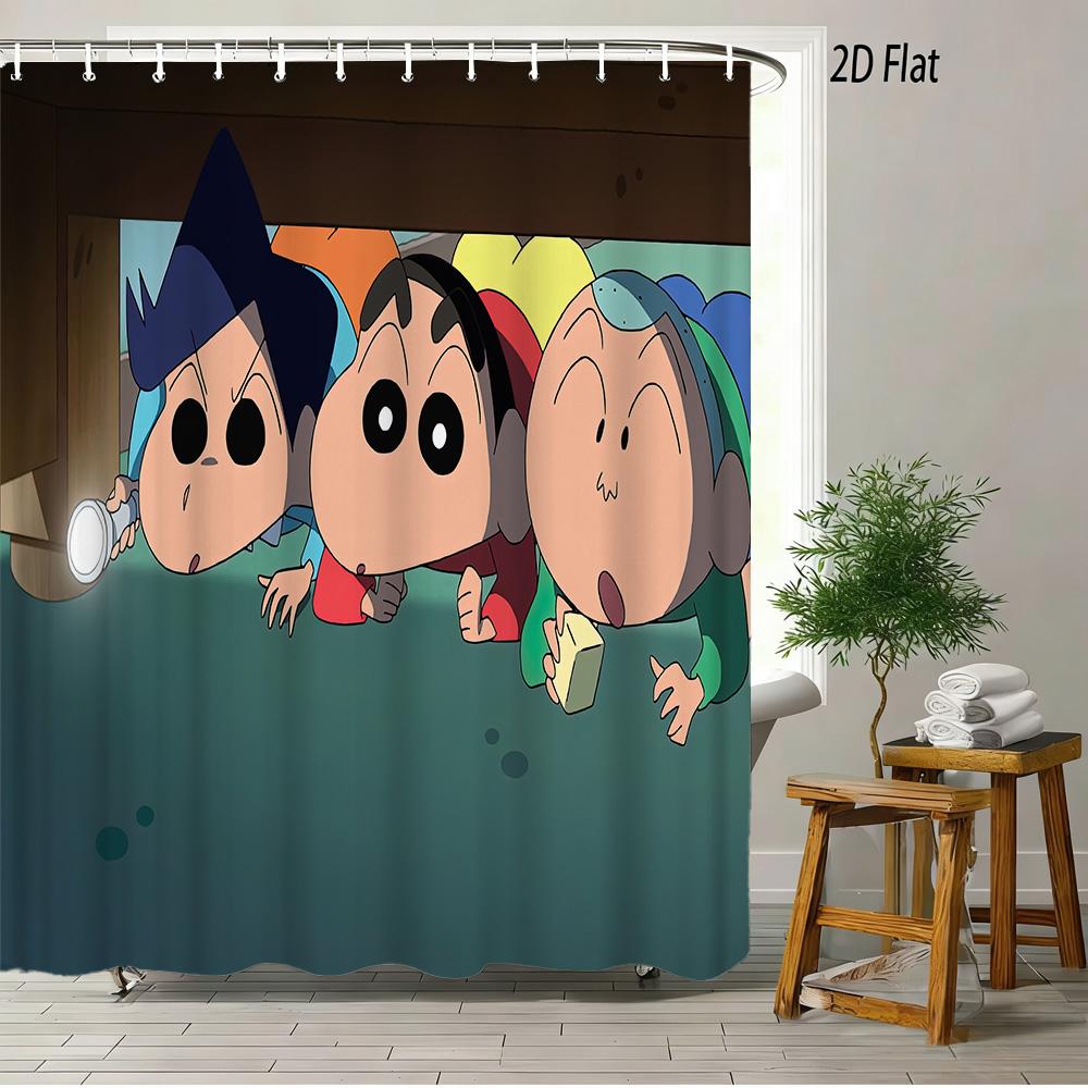 Crayon Shin-Chan & Friends Adventure 2D Print Waterproof Shower Curtain, Anime Bathroom Decor With Hooks