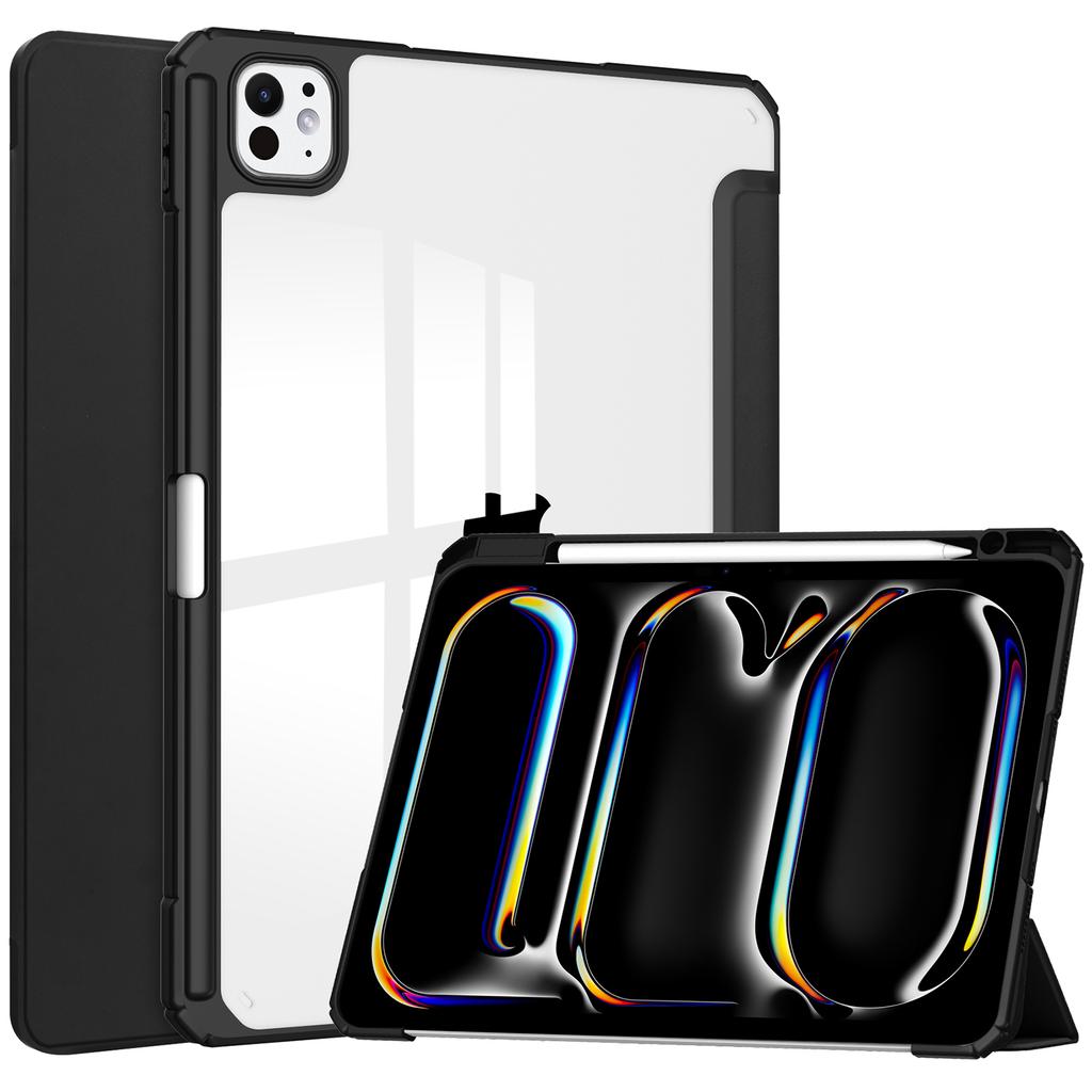 For iPad Pro 13 (2024) Case with Pen Slot PU Leather Clear Auto Wake Sleep Tablet Shell