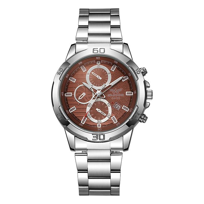 Fashion Casual Business Alloy Steel Belt Silver Scale Decorative Three-Eye Calendar Men'S Quartz Watch