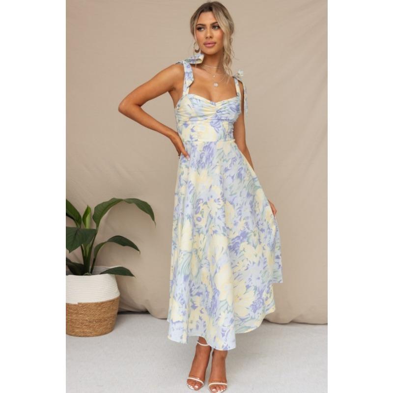 Summer Women's Dress Slim Slim Waisted V-Neck Halter Printed Mid-Length Dress