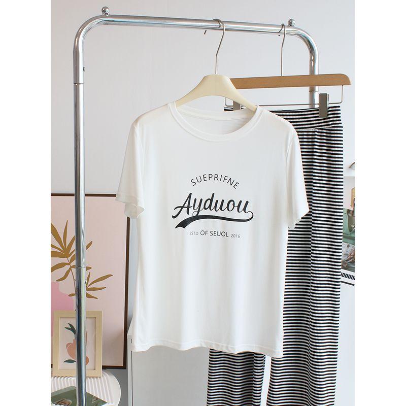 

Cool Feeling Plaid ~ Letter Print Cuprammonuium Quick-Drying T-Shirt Women s Summer Thin Loose Slim Looking Short Sleeve Modal Top White M