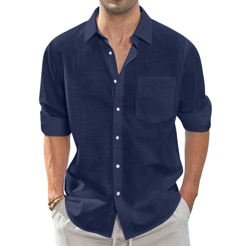 Summer Men's Collar Pocket Short Sleeved Cardigan Solid Color Shirt Top