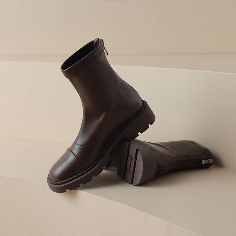 Autumn and Winter Round Head Women's Fashion Boots Medium Heel Large Size Back Zipper Women's Boots Square Heel Comfortable Platform Medium Boot