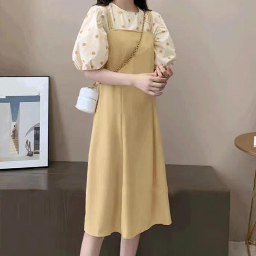 

Puff Sleeve Suspenders Dresses Women Dot T shirt Dress Loose Two Piece Set Dress Vacation S