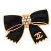Used Chanel Ribbon Pin Brooch Coco Mark Pearl Black Gold