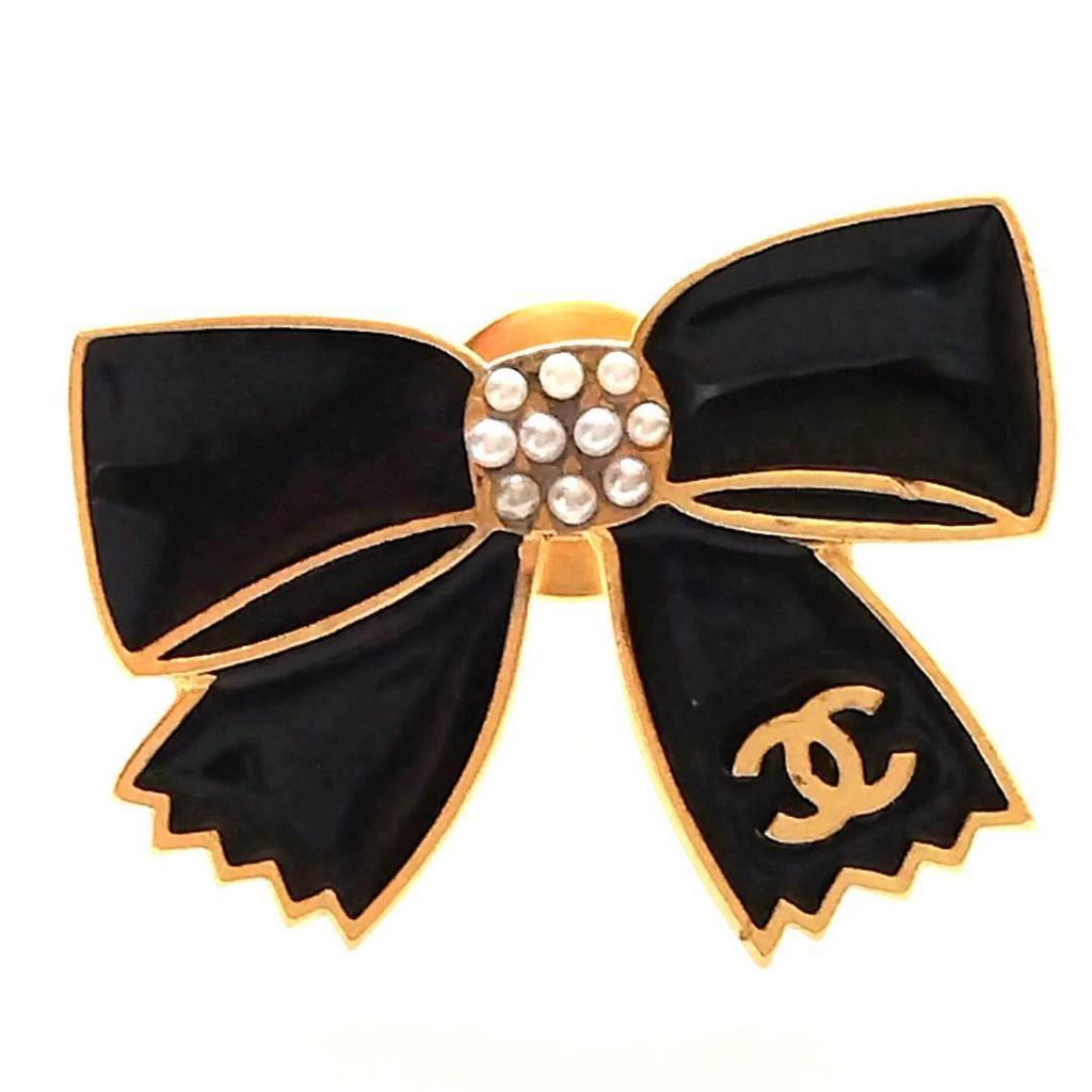 Used Chanel Ribbon Pin Brooch Coco Mark Pearl Black Gold