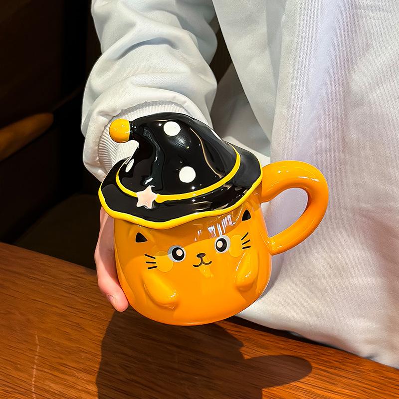 

Креативная милая кружка с кошкой и крышкой, чашка с привидением для девочек, керамическая, с мультяшным дизайном, бытовая чашка для воды 380ML