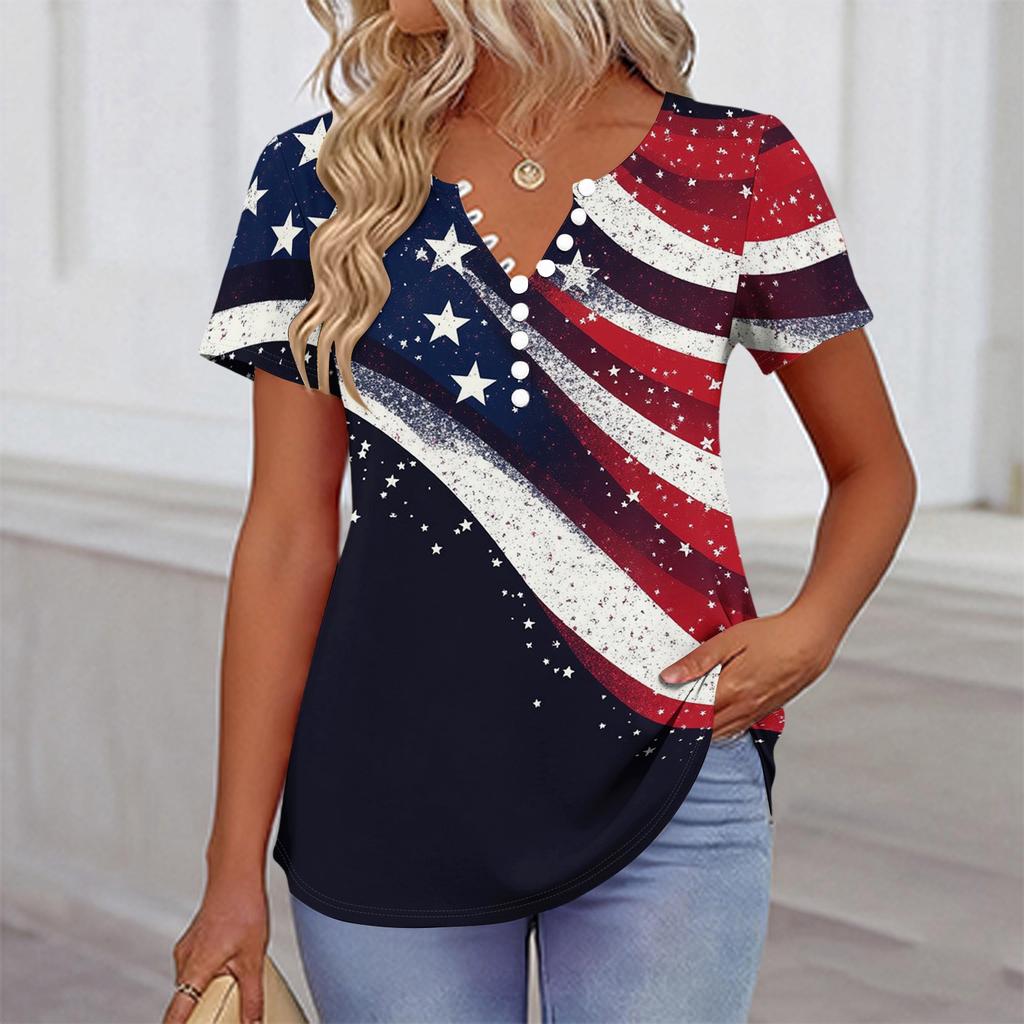 Women’s Casual V Neck Short Sleeve Button Front Top with Star Print Relaxed Fit Comfortable Summer Shirt