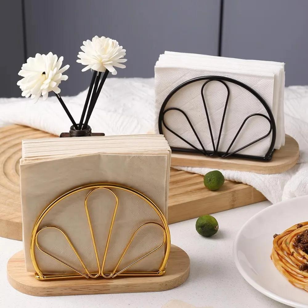 New Wood Base Iron Napkin Holder Modern Style Stable Countertop Napkin Organizer Paper Dispenser Rack Table Decoration