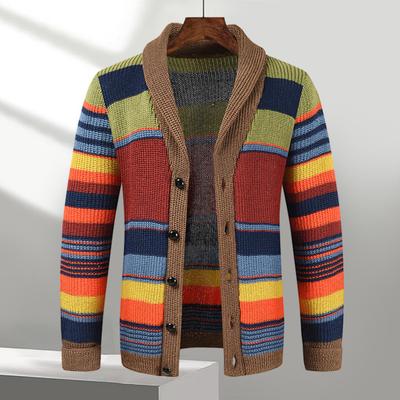 Men Fall Winter Sweater Coat Knitted Color Matching Striped Single-breasted Cardigan Loose Elastic Long Sleeve Lapel Casual Buttons Men Jacket