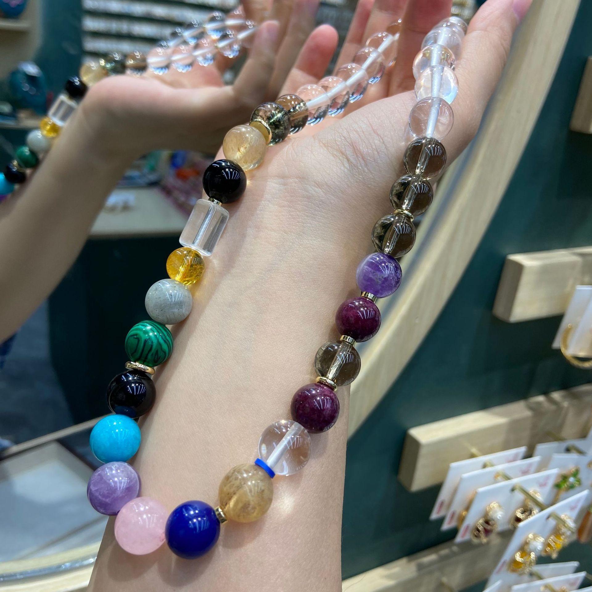 Natural Crystal 12Mm Round Bead Necklace Aquamarine Black Gold Super Seven Purple Lithium Huinan Red Citrine