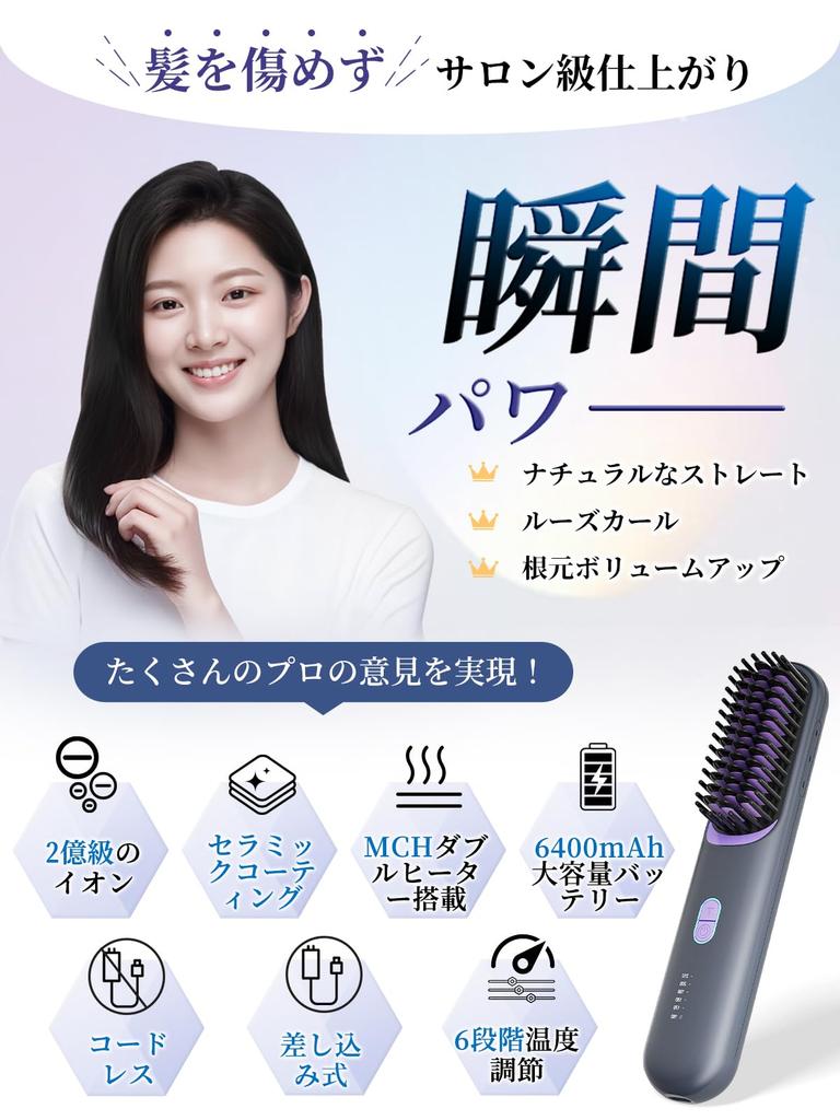 Kiboer Cordless Heated Hair Brush Iron, Rechargeable/Plug-in Compatible, Uniquely Developed 200 Million-Scale Plasma Ion Technology, Straightening and