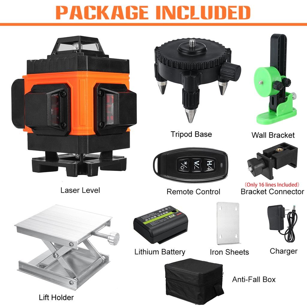 

16 линий, 4D зеленые лазерные уровни, 360 горизонтальных и вертикальных перекрестных линий с автоматическим самовыравниванием, сверхмощный лазерный луч, пульт дистанционного управления оранжевый