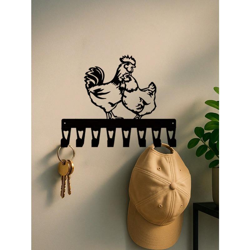 Hand Forged Iron Rooster and Hen Key Holder Wall Decor 8 Hooks Farmhouse Entryway Rustic Chicken Wall Art Animal Lover Gift Vintage Country Home