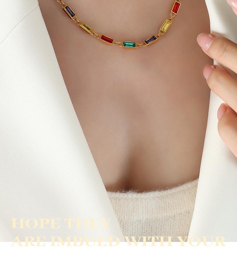 Colorful Retro Rhinestone Patchwork Necklace & Colorfast Bracelet - Simple Titanium Steel Dopamine Jewelry