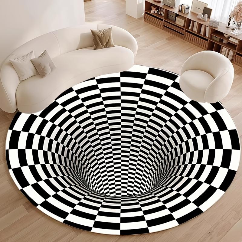 Flannel Printed Round Rug With Black White Optical Illusion Design For Modern Home Decor Soft Floor Mat 3D Art Theme