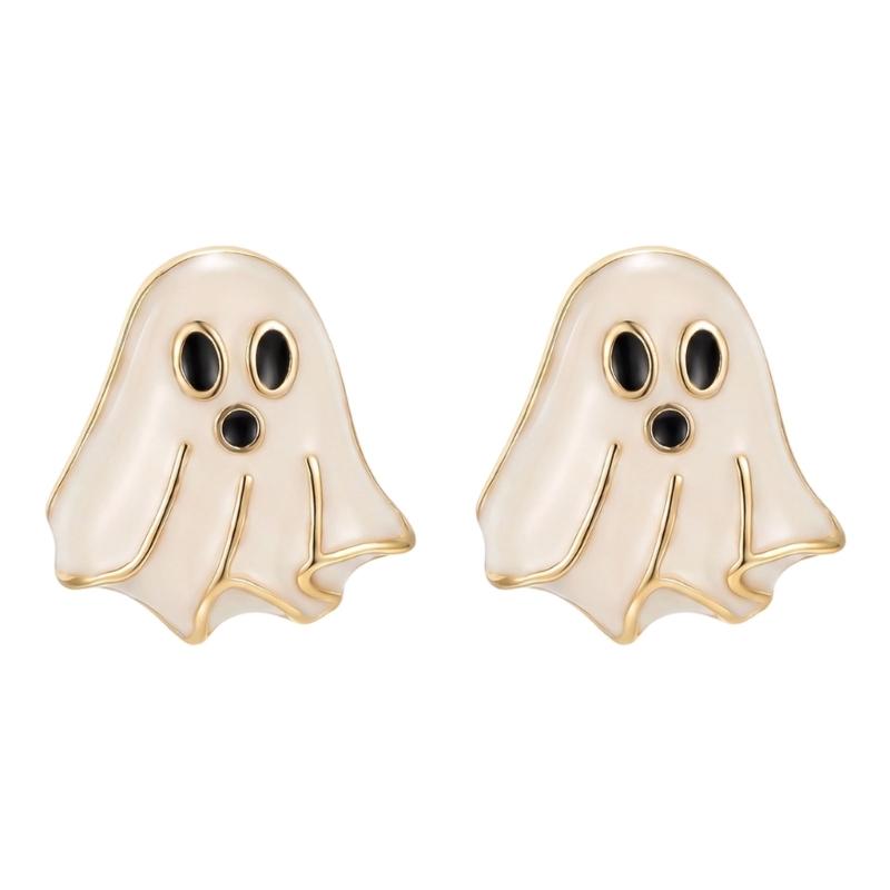 Novelty Halloween Earrings in Stud Style, Glossy Enamel Look with Gold-Tone Trim, Alloy Pair for Costume Styling
