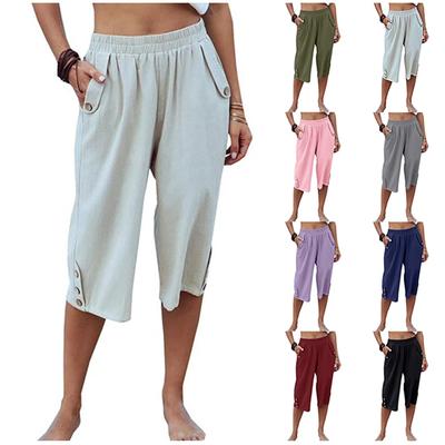 Linen Pants For Women Casual Solid Color Pants Solid Color 3/4 Trousers High Waisted With Pocket