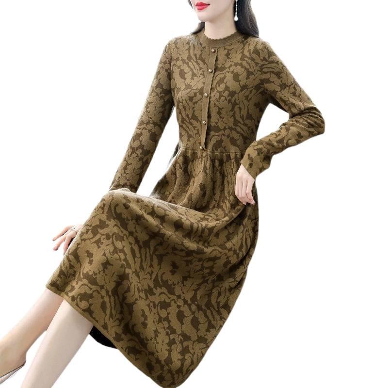 Autumn Winter 2025 High Neck Patterned Long Knit Sweater Dress