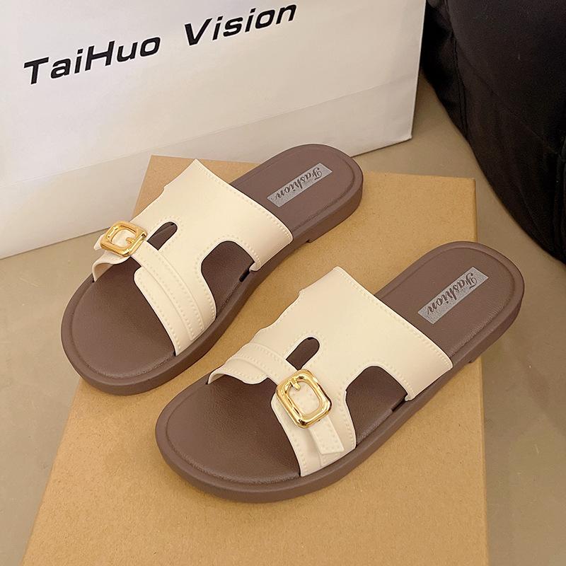 Flat bottom one word summer new retro versatile one pedal seaside slippers beach cool slippers